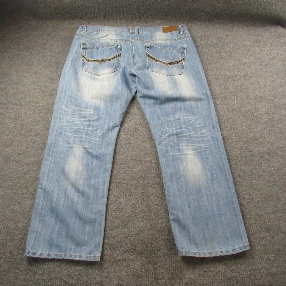 Centi-Meter Jeans Mens‎ 44x32 Light Wash Denim Jeans Embroidered Pockets